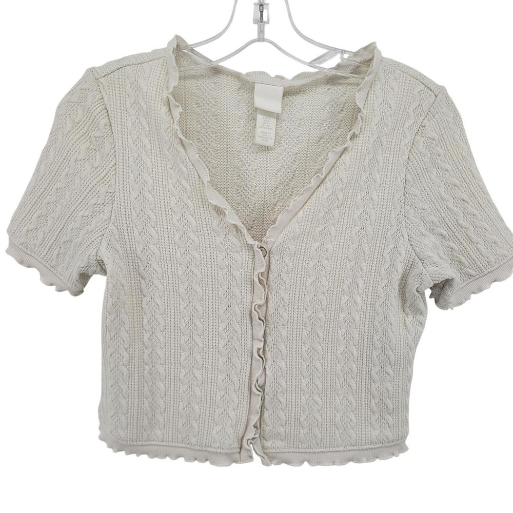 HM Womens Cream Cable Knit Short Sleeve Ruffle Trim Cropped Cardigan Sweater S